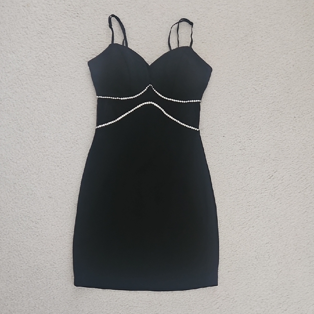 Emerald Sundae Black Mesh Mini Dress With Rhinestones